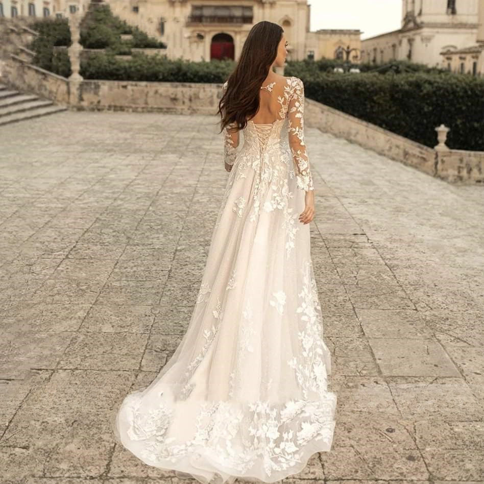 Elegant Round Neck Wedding Dresses 2023 Lace Long Sleeve Decal A-line Fashion Women's Bridal Dress Robe Back Strap Design De-payinti