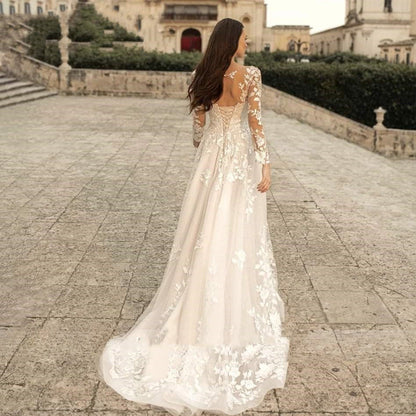 Elegant Round Neck Wedding Dresses 2023 Lace Long Sleeve Decal A-line Fashion Women's Bridal Dress Robe Back Strap Design De-payinti