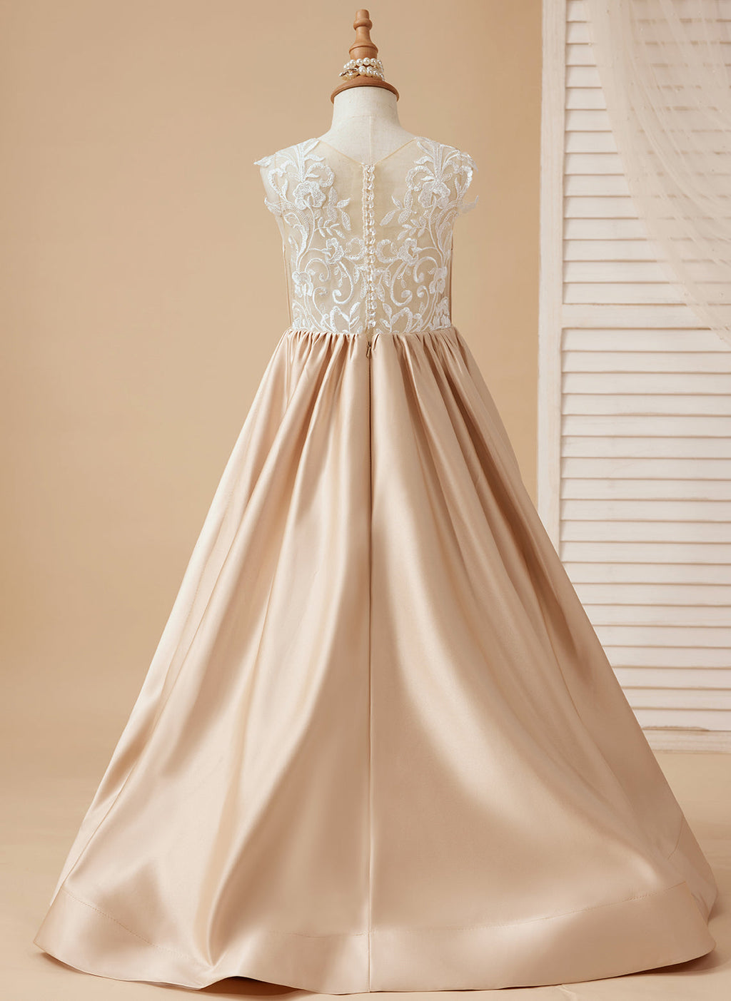 A-Linie Spitze Satin Bodenlang Blumenmädchenkleid 