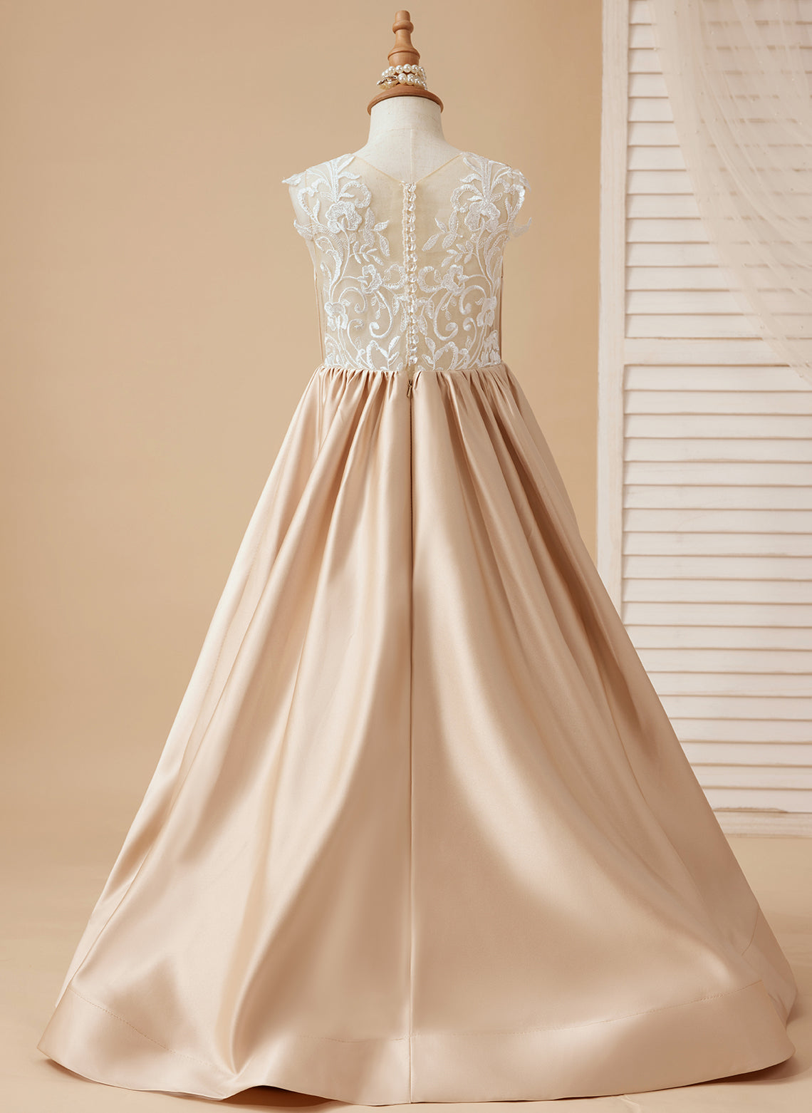 A-Linie Spitze Satin Bodenlang Blumenmädchenkleid 