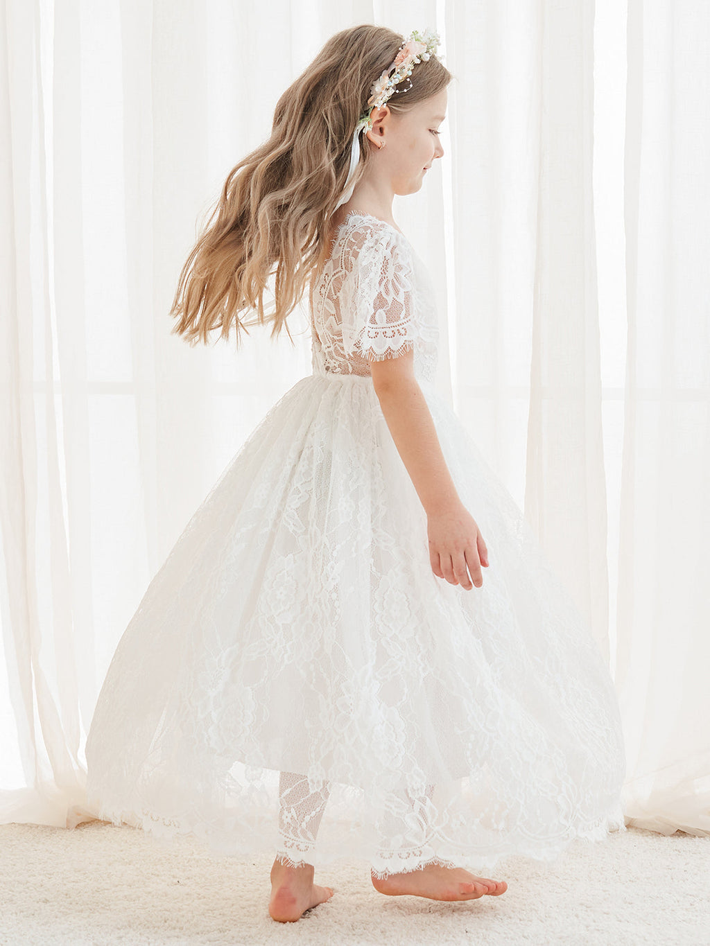 A-Linien-Spitze Knöchellanges Elfenbein Boho Blumenmädchenkleid 