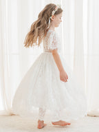 A-Linien-Spitze Knöchellanges Elfenbein Boho Blumenmädchenkleid 