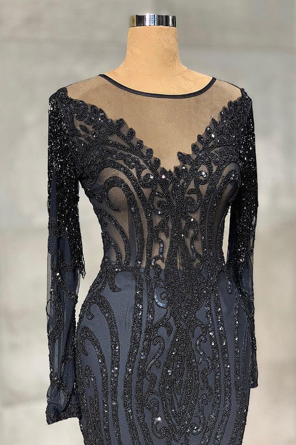 Elegante vestido de fiesta largo de sirena con encaje de tul y mangas