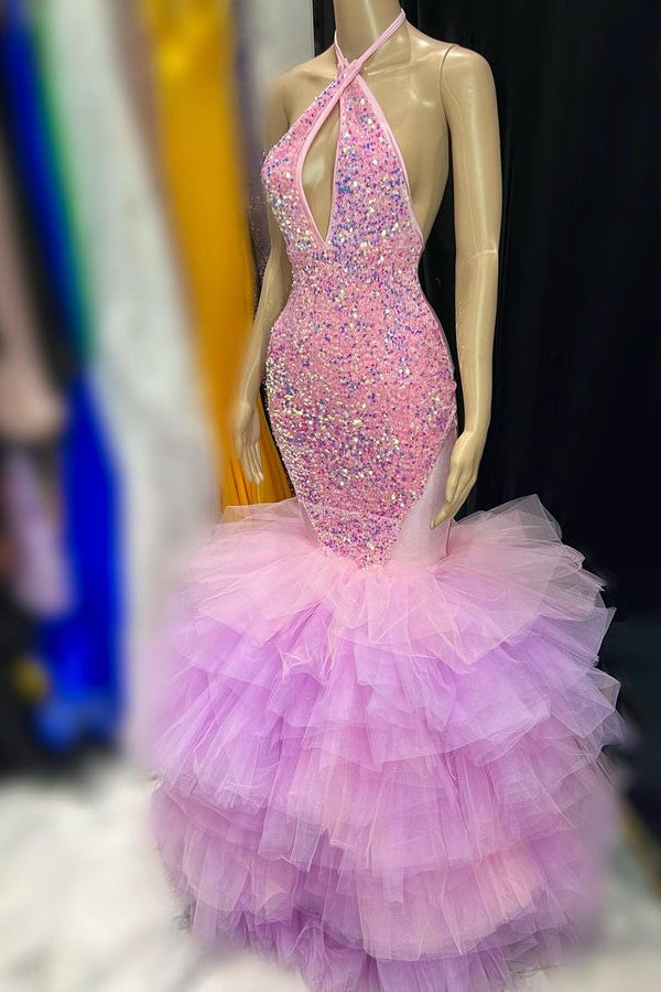 Neckholder Pailletten Tüll Stufen Meerjungfrau Ärmelloses Ballkleid