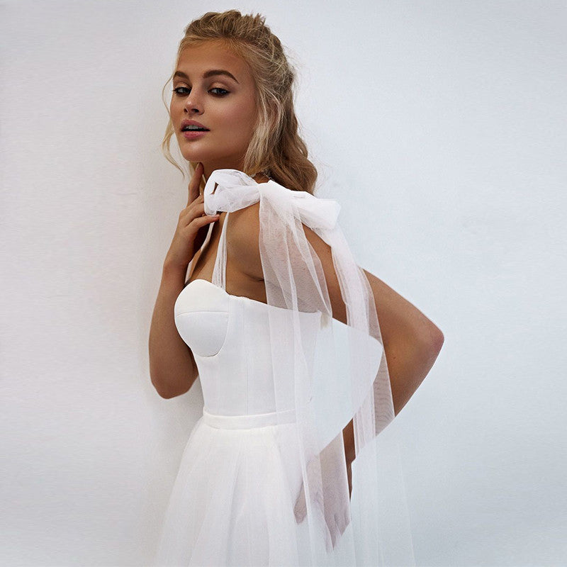 Simple White Tulle Wedding Dresses Boho Bow Spaghetti Straps A-Line Beach Wedding Party Gowns Abito Da Sposa 2021-payinti
