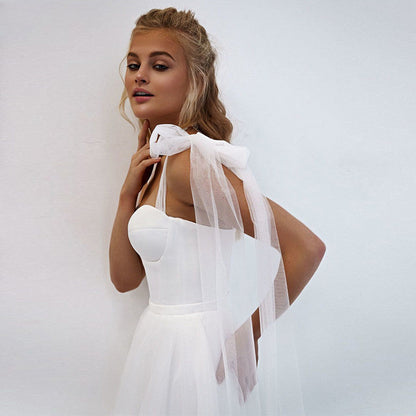 Simple White Tulle Wedding Dresses Boho Bow Spaghetti Straps A-Line Beach Wedding Party Gowns Abito Da Sposa 2021-payinti