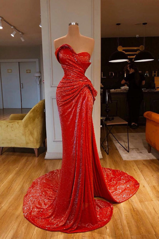 Rotes Meerjungfrauen-Ballkleid mit Pailletten und herzförmigem Ausschnitt