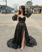 Trina | Vestidos de fiesta largos con lentejuelas negras, corte en A y escote corazón