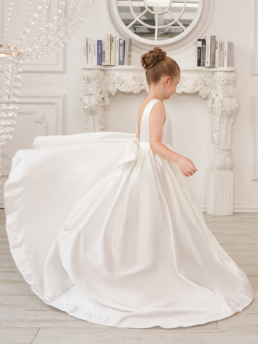 A-Linie Prinzessin Ärmelloses Satin Blumenmädchenkleid mit Schleppe und Schleife 