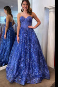 Allyson | Vestidos largos con escote corazón de encaje y lentejuelas azules