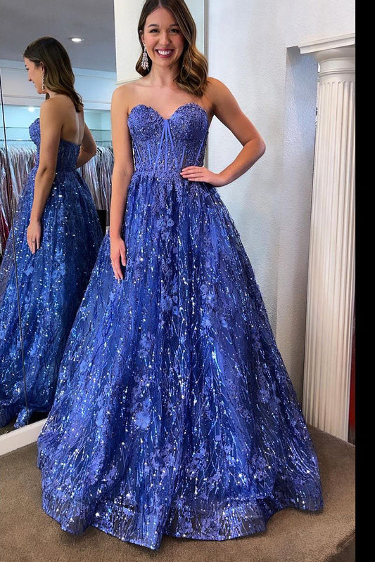 Sweetheart Blue Sequin Lace Corest Long Dresses