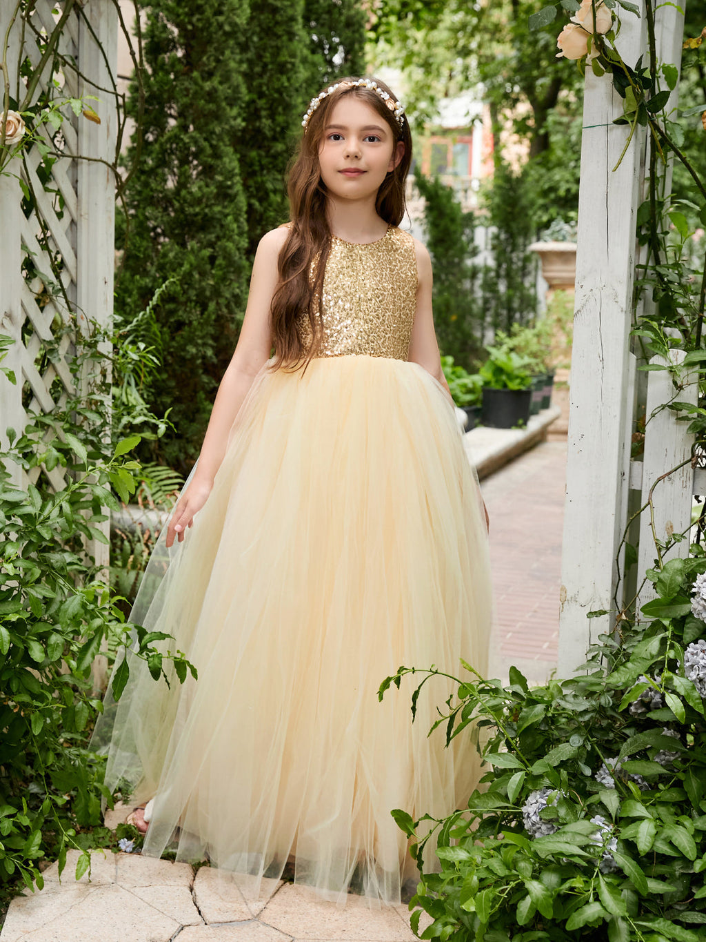 Vestido de fiesta/princesa de tul hasta el suelo color champán para niña de las flores