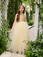 Vestido de fiesta/princesa de tul hasta el suelo color champán para niña de las flores