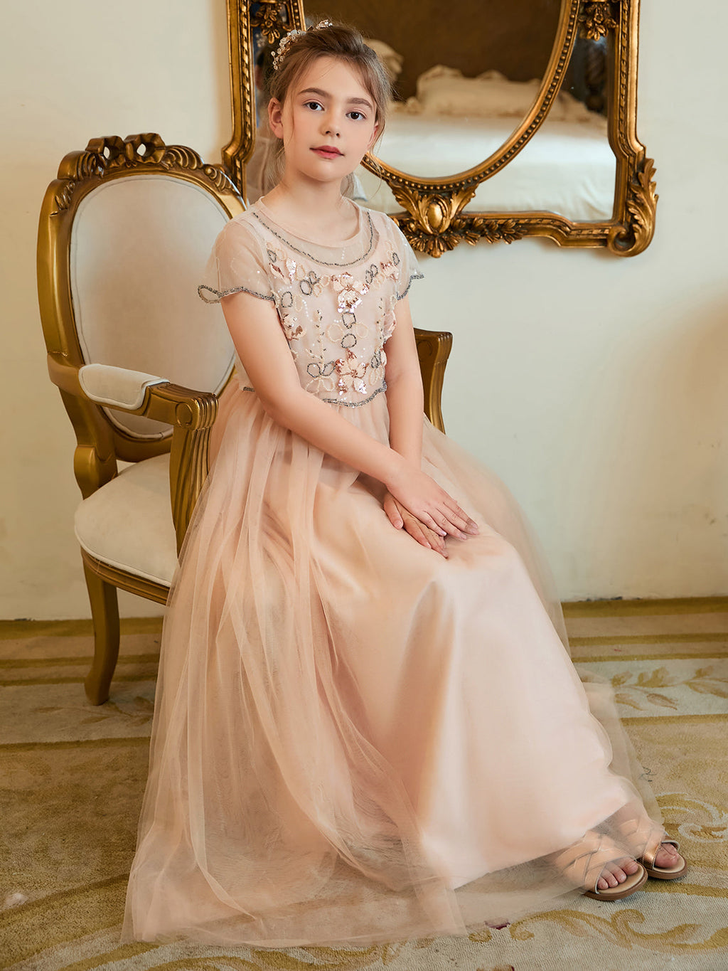 Vestido de niña de las flores rosa de gasa hasta el suelo con corte en A