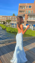 Mermaid Long Baby Blue Lace Prom Dresses Spaghetti Straps Evening Dress Y1733