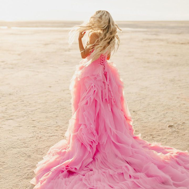 Elegant Pink Petal Ruffle Prom Party Dresses  Long Strapless Bridal Photography Dress Beach Boho Maternity Photo Shoot Gowns