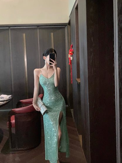 Green Sequin High-Slit Evening Dress – Elegant Party & Formal Gown