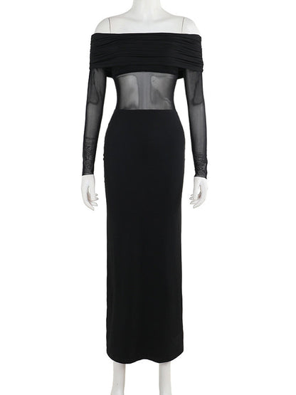 Long Sleeves Skinny Pleated See-Through Solid Color Split-Joint Off-The-Shoulder Evening Dresses Maxi Dresses