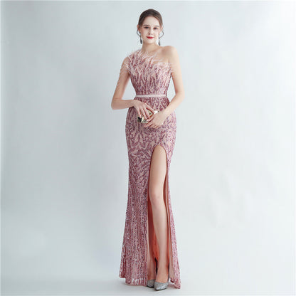 Heavy Industry Ostrich Hair Craft Beading Evening Dress with Side Slit