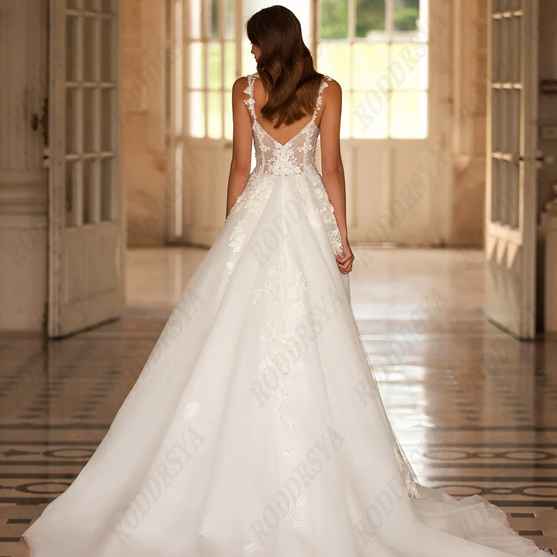 Sexy V-Neck Backless Wedding Dress For Women Romantic Tulle Spaghetti Straps Bride Party A-line Sleeveless Bridal Gown-payinti