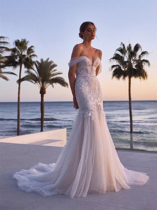 Beach Sweetheart Neck Off The Shoulder Wedding Dress Romantic Lace Appliques Bridal Gown Pastrol Vestidos De Novia-payinti
