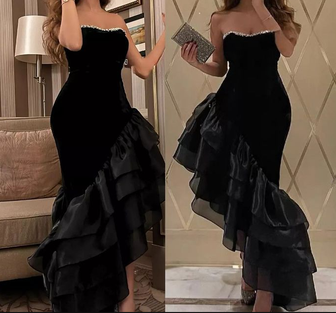 Sexy Trägerloses Schwarzes Meerjungfrau-Rüschen-Abendkleid Formales Ballkleid Y7697