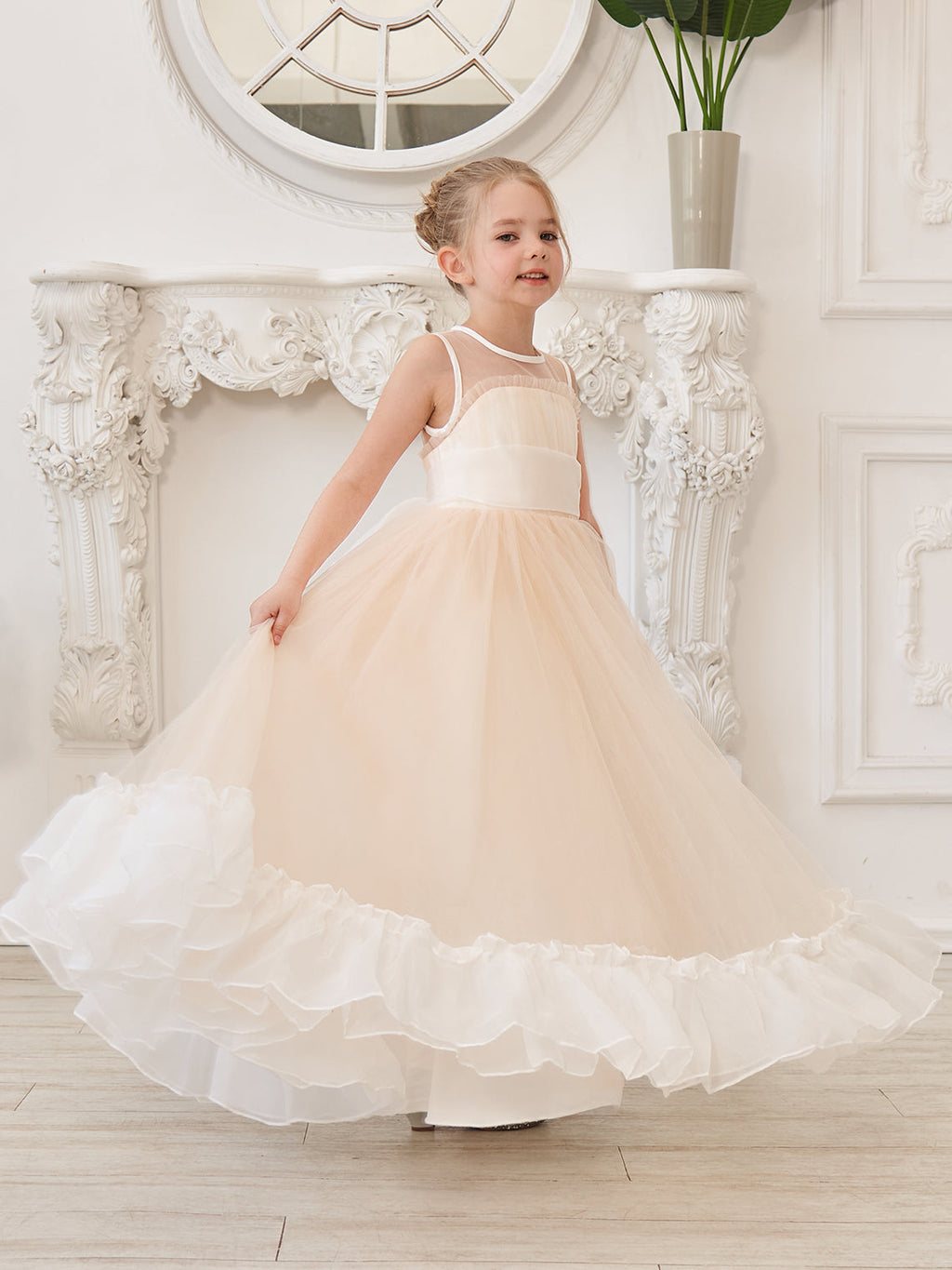 Vestido rosa de tul y organza con corte en A hasta el suelo (010226975)