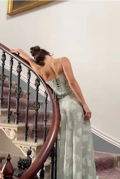 Elegant Green Print Floral Lace Long Party Dress Evening Gown Y7491