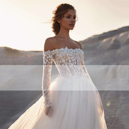 Elegant A-Line Wedding Dress 2023 Women Lace Open Back Strapless Long Detachable Sleeve Bridal Gown Sweep Train Vestido De Noiva-payinti