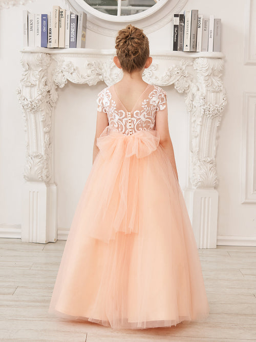 Vestido de niña de las flores rosa con cola larga, encaje y tul en forma de A