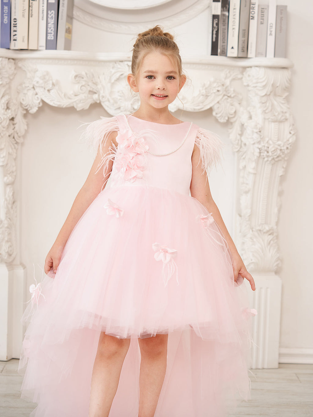 Prinzessin Ärmelloses Tüll Blumenmädchenkleid mit Perlen und Federschleife (010224704) 