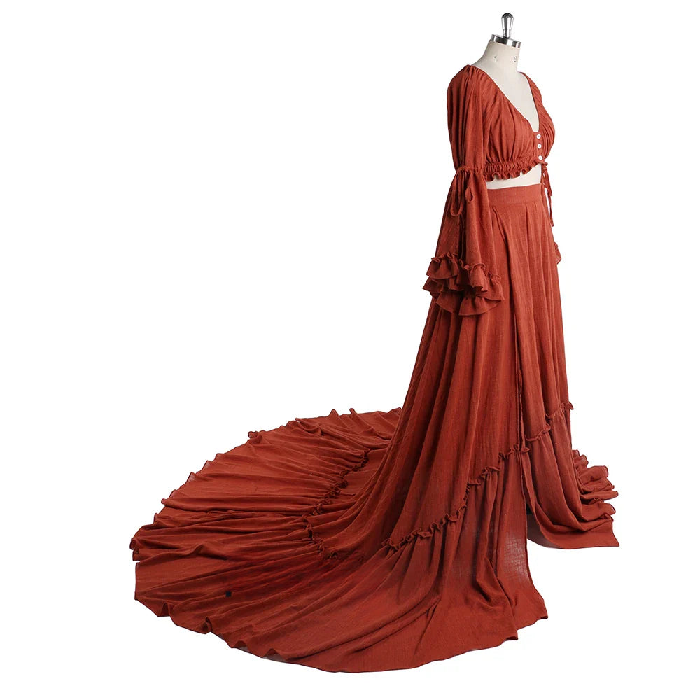 2 Pieces Gown V Neck Maternity Dresses for Photo Shoots Photography Dress Baby Shower Dress for Pregnant Woman SY211008