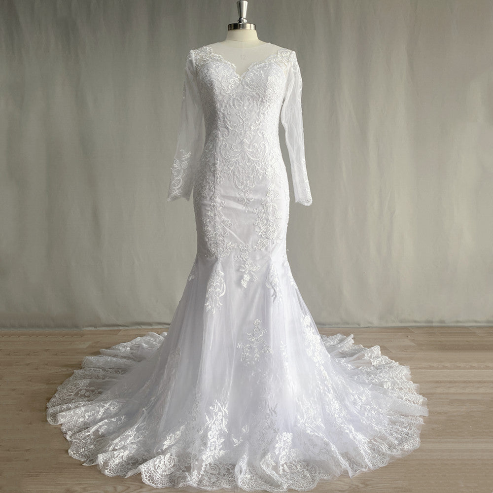 Gorgeous Lace Long Sleeve Mermaid Wedding Dresses Tulle Bridal Gown For Women Cathedral Train V-Neck Appliques Button Back-payinti