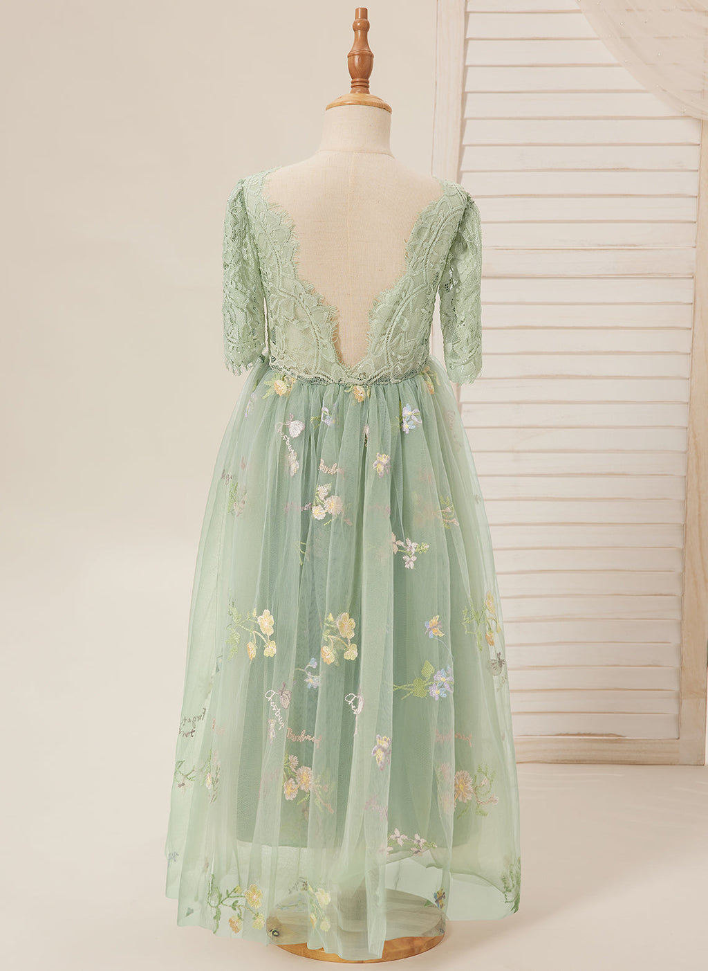 Salbeigrünes Blumenmädchenkleid aus Stoff mit U-Ausschnitt und Tüll (2003227581) 