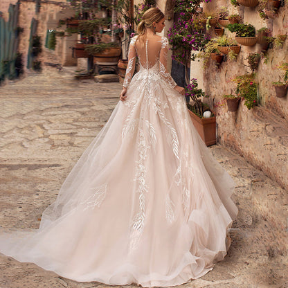 Sexy V-Neck Applique Wedding Dress Lace 2023 Illusion Long Sleeve A-Line Princess Bride Dress Bohemia Vestido De Noiva Women's-payinti