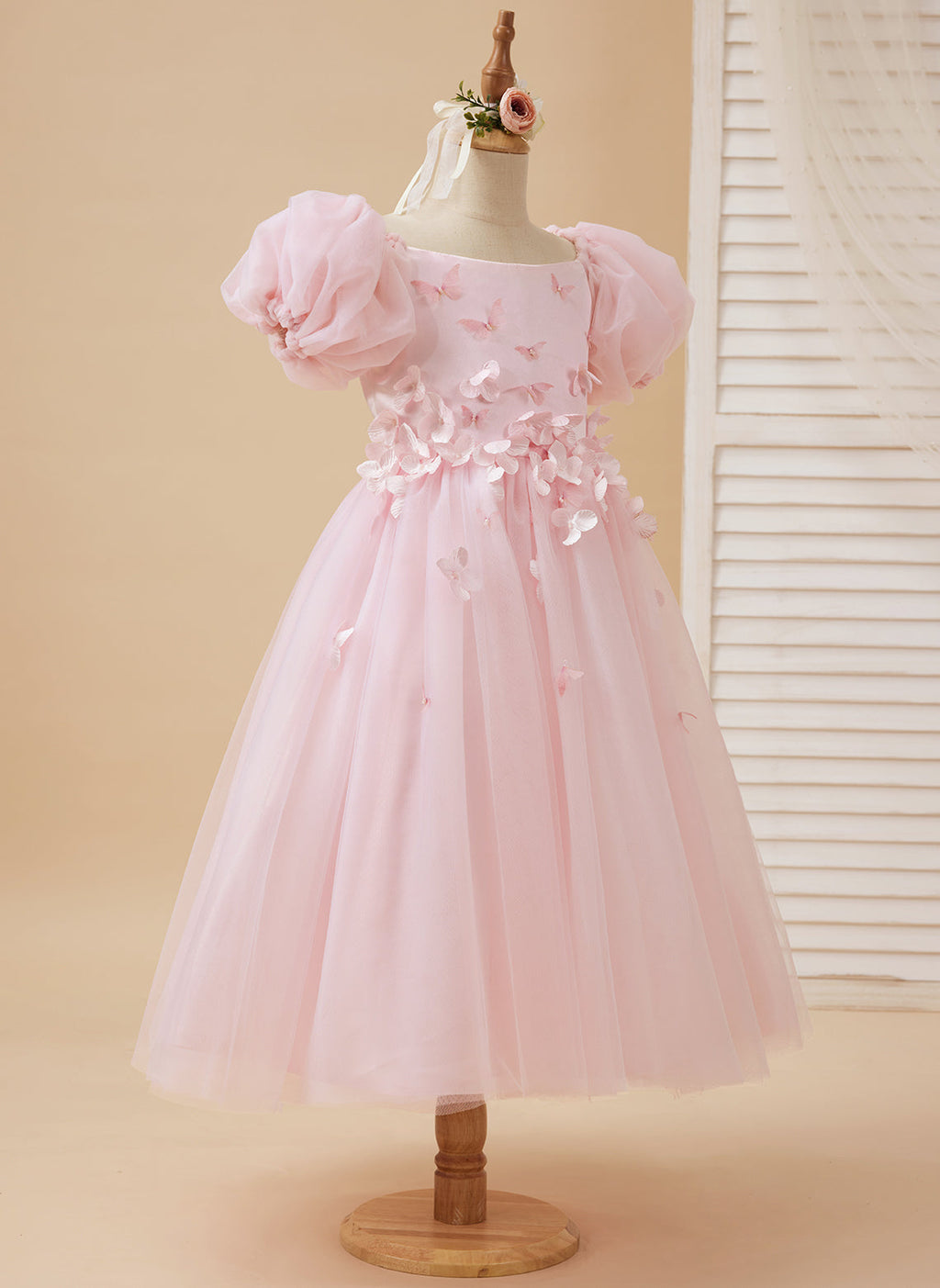 Vestido de tul para niña de las flores, largo hasta la rodilla, con mangas abullonadas y hombros descubiertos, apliques florales 3D