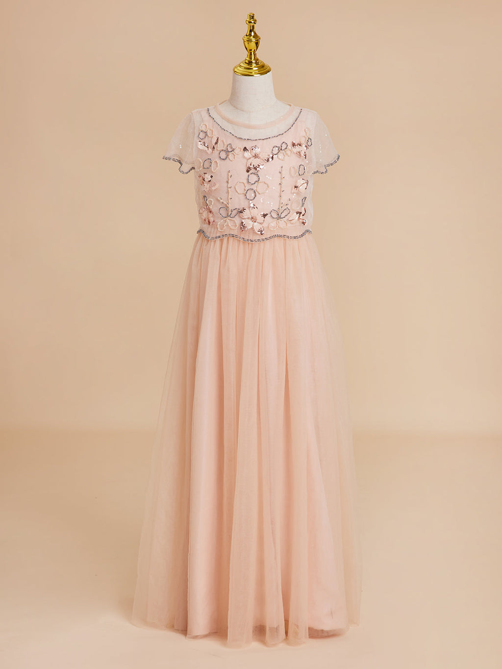 Vestido de niña de las flores rosa de gasa hasta el suelo con corte en A