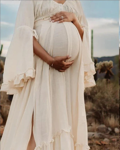 Two Pieces Cotton Linen Pregnancy Gown Maternity Dresses for Photo Shoot Photography Dress Outfit for Baby Shower SY211008
