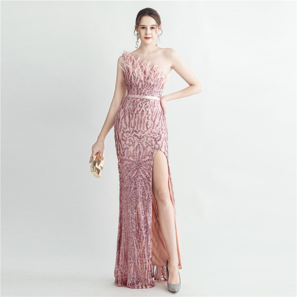 Heavy Industry Ostrich Hair Craft Bundle Hair Evening Dress with Oblique Shoulder Slit