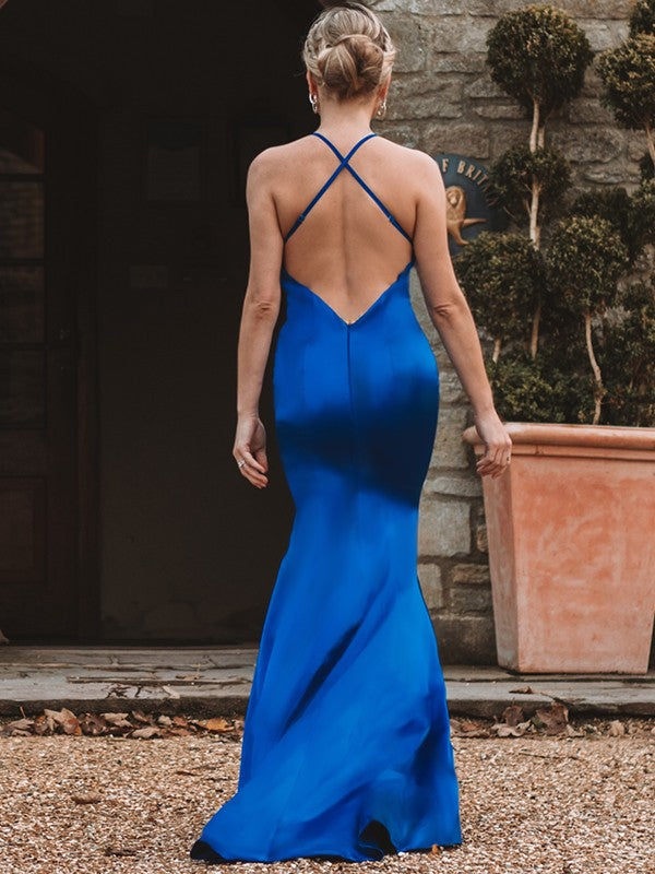 Regal Sapphire Spaghetti Straps V-Neck Backless Mermaid Prom Gown