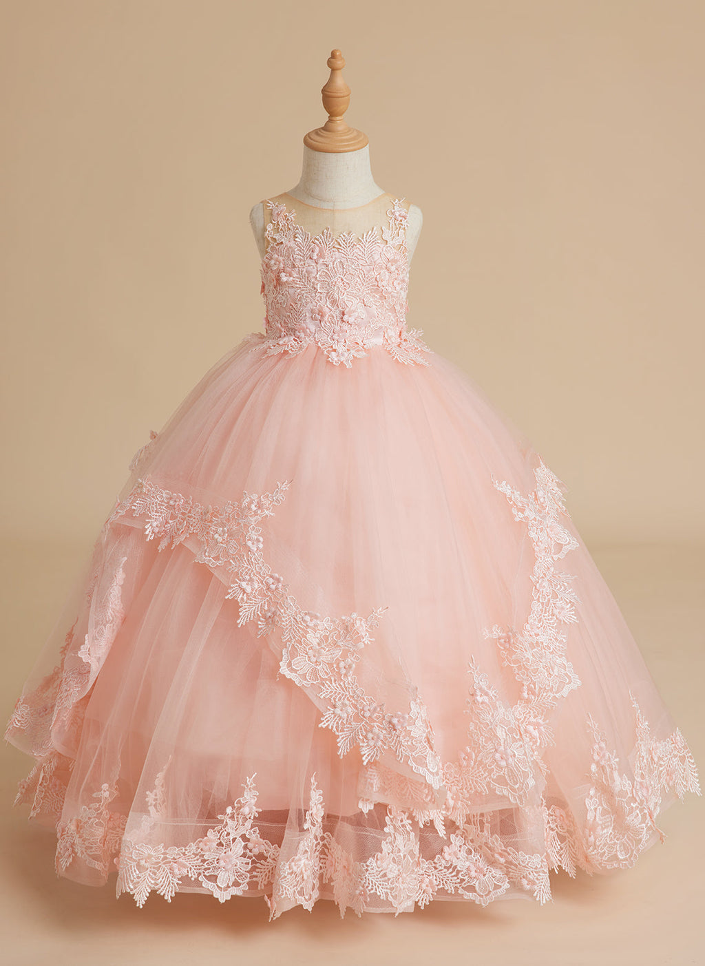 Ärmelloses Prinzessinnen-Tüllkleid mit Spitzenapplikationen und Schleppe für Mädchen