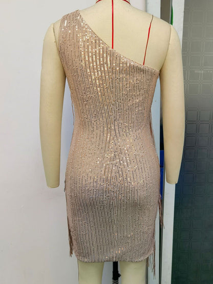 Shoulder Tassel Stitching Sequ Dress Evening Dress