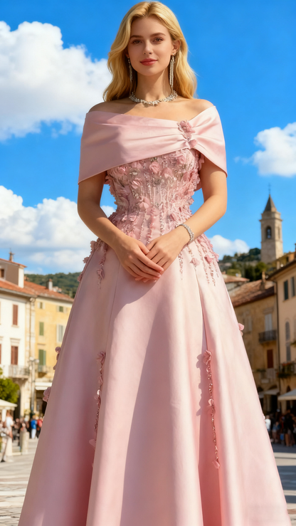 Elegantes schulterfreies Satin-Ballkleid mit Perlenapplikationen und A-Linien-Abendkleid Y8160