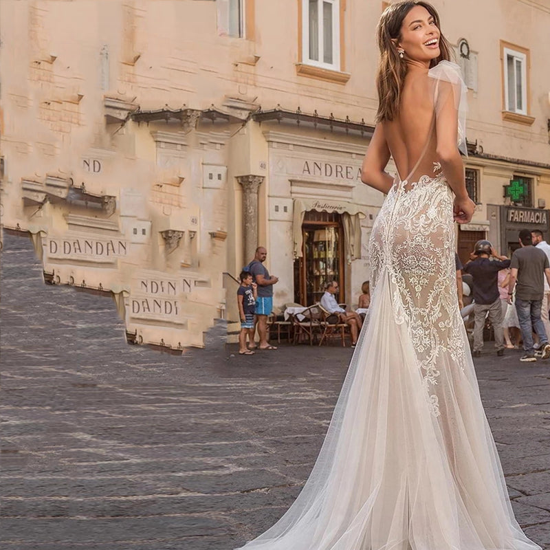 Elegant Scoop Neck Backless Mermaid Wedding Dress Simple Sleeveless Spaghetti Strap Bride Party Romantic Tulle Applique-payinti