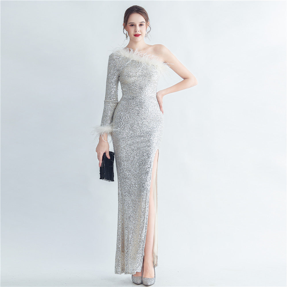 Craft Ostrich Feather Diagonal Shoulder Roman Collar Evening Dress