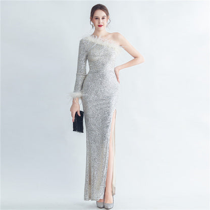Craft Ostrich Feather Diagonal Shoulder Roman Collar Evening Dress