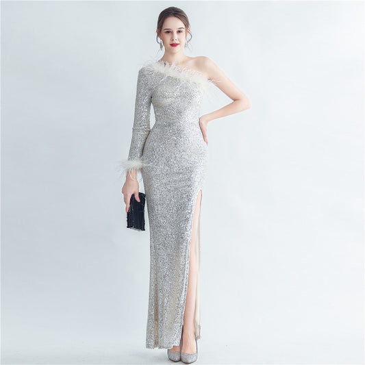 Craft Ostrich Feather Diagonal Shoulder Roman Collar Evening Dress