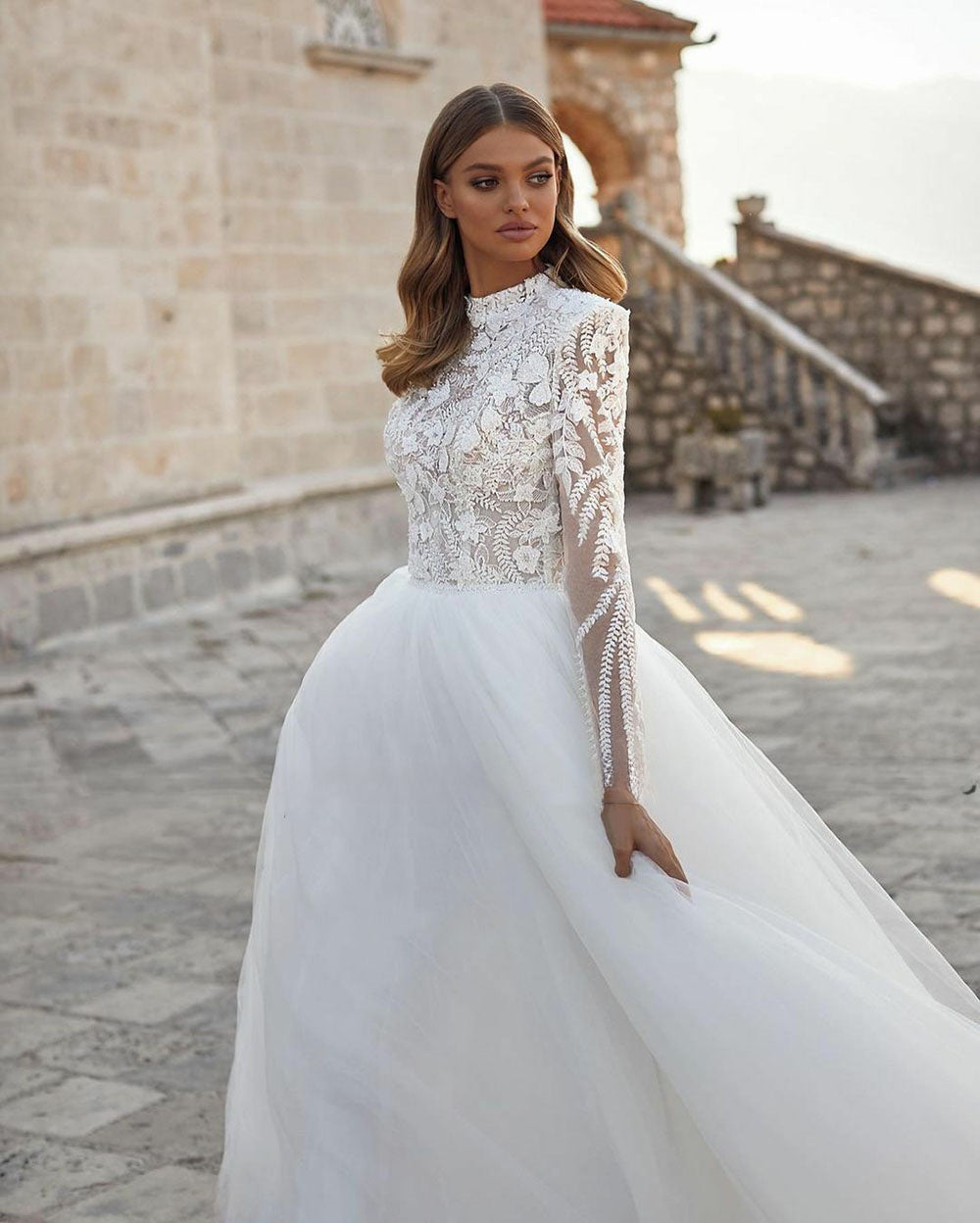 Grace Pretty luxury Princess Wedding Dresses Modest O Neck Long Sleeves Muslim Bride Dresses Bridal Gown vestidos de novia-payinti