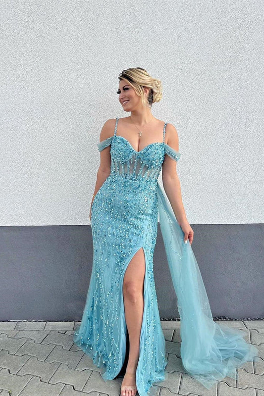 Vestido de fiesta de sirena azul zafiro con hombros descubiertos, volantes y cuentas brillantes