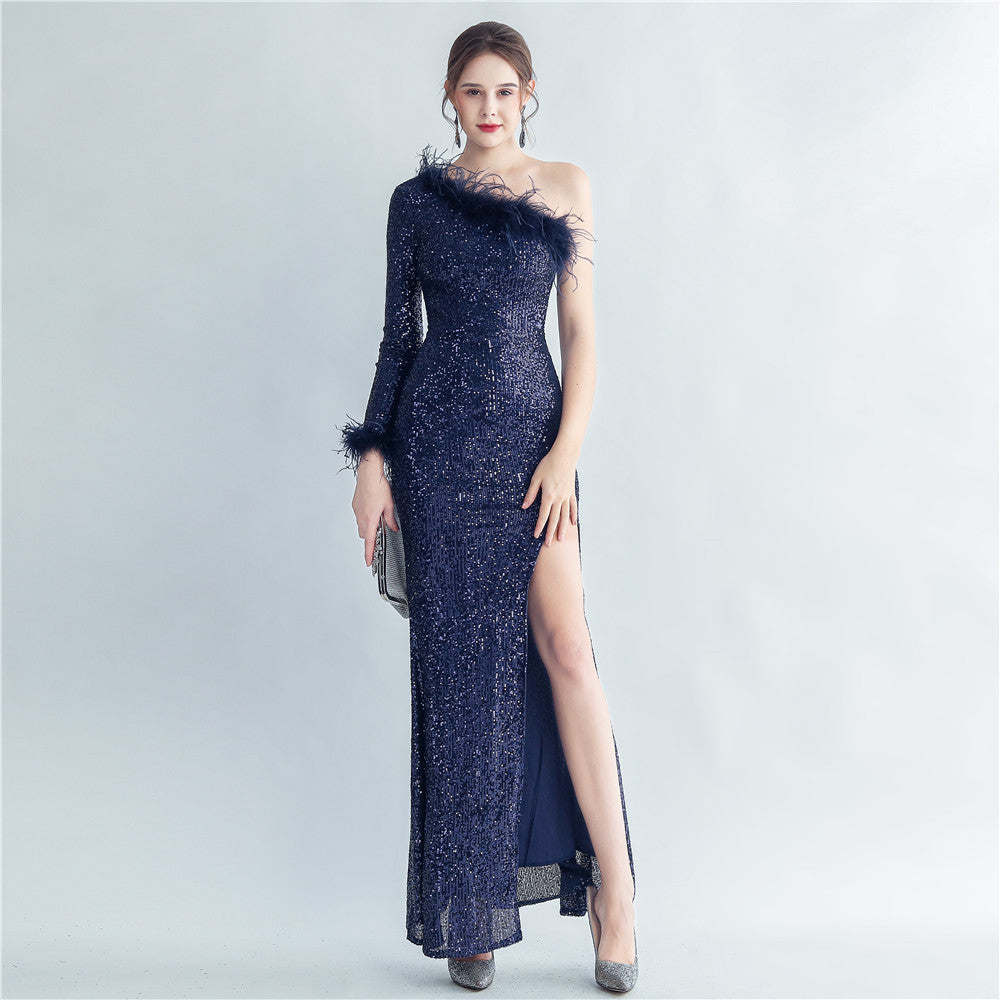 Craft Ostrich Feather Diagonal Shoulder Roman Collar Evening Dress